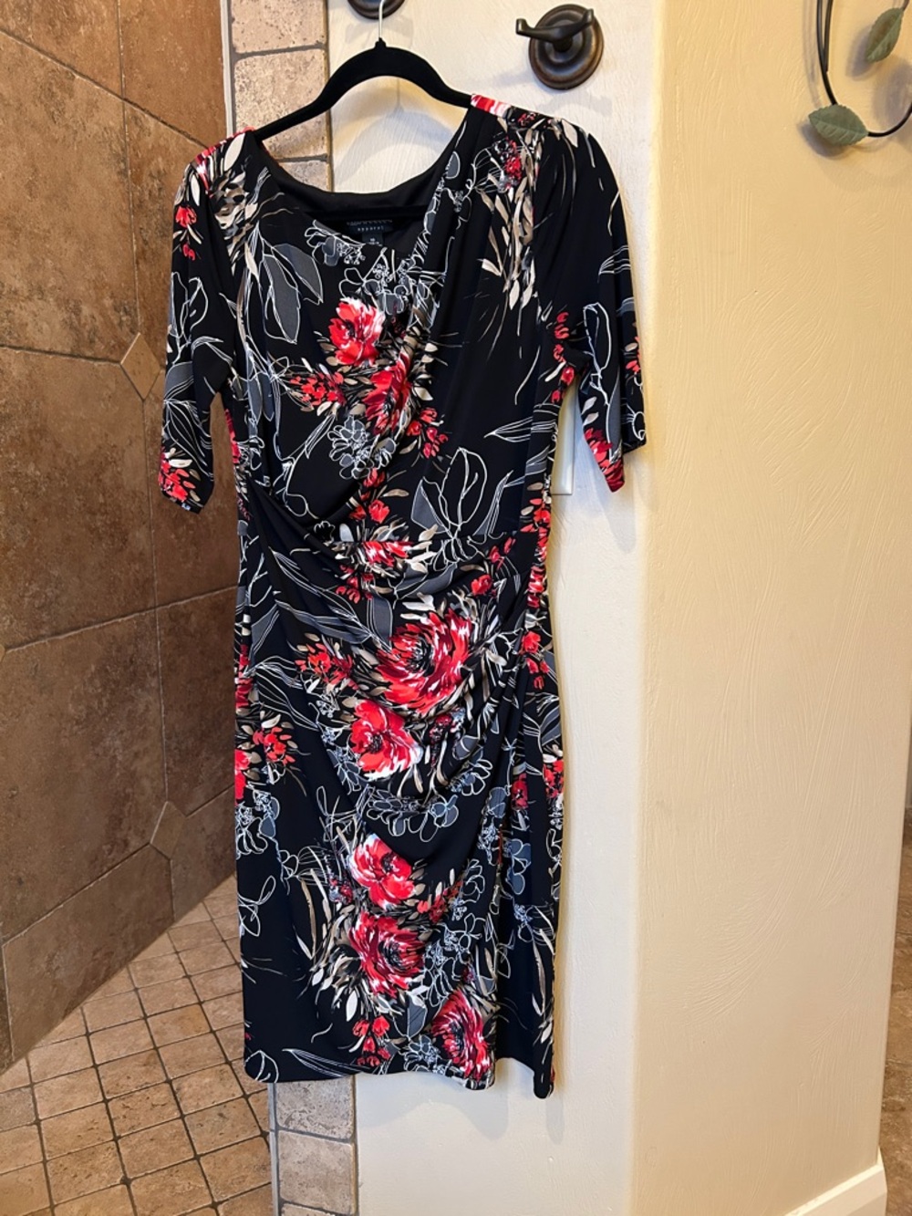 connected apparel Black Floral Sheath Dress with Red and Cream Accents